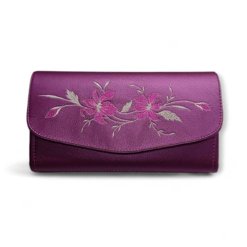 Textilbőr pénztárca virágmintás hímzett díszítéssel padlizsán színben